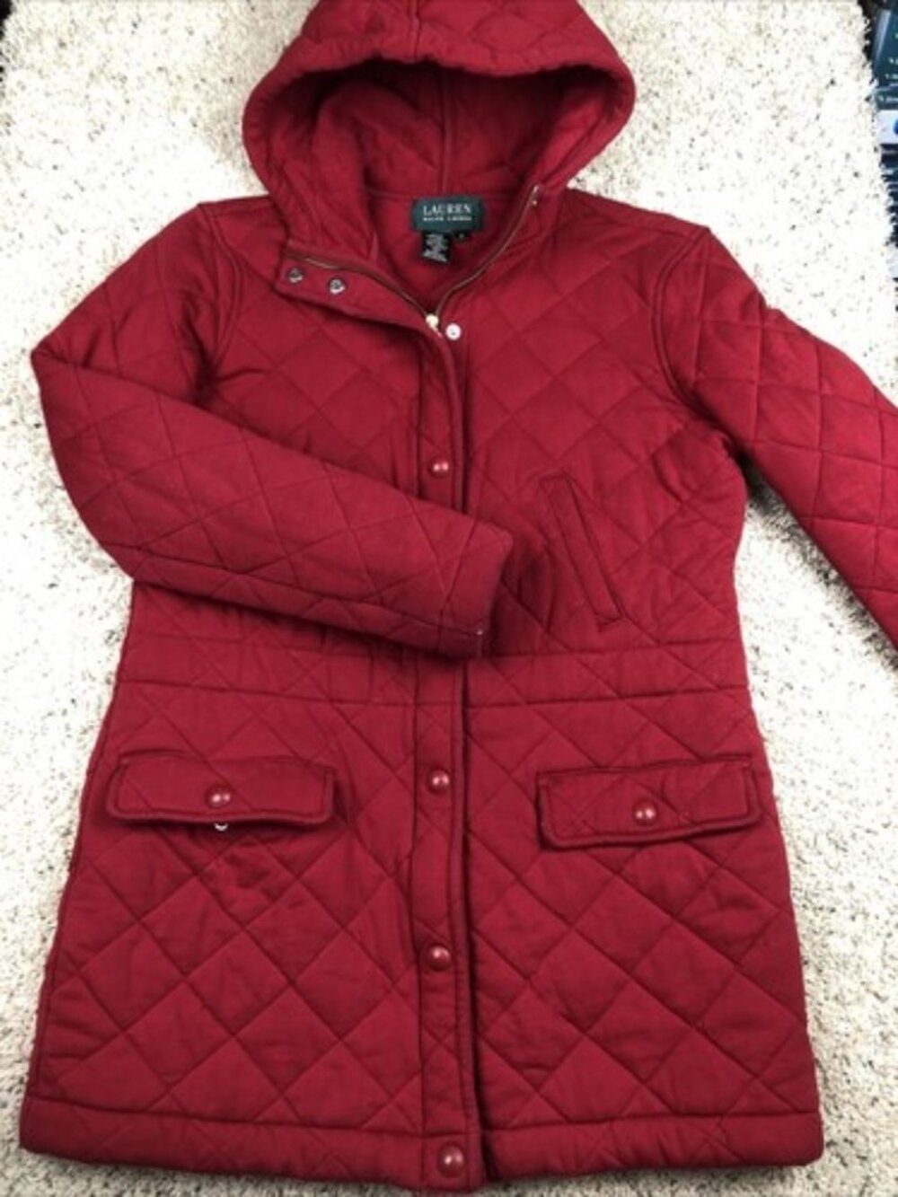 Lauren Ralph Lauren Womens Small Quilted Coat Jacket Hooded Red Full Zip WINTER